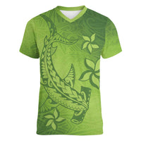 Green Gradient Polynesia Women V-Neck T-Shirt Hawaiian Tribal Hammerhead Shark Tattoo