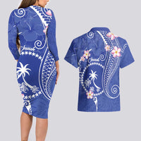 FSM Chuuk Constitution Day Couples Matching Long Sleeve Bodycon Dress and Hawaiian Shirt Frangipani Flowers Polynesian Curves Style
