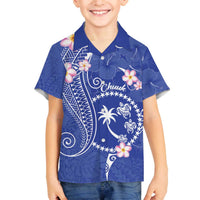 FSM Chuuk Constitution Day Family Matching Off Shoulder Short Dress and Hawaiian Shirt Frangipani Flowers Polynesian Curves Style LT14 Son's Shirt Blue - Polynesian Pride