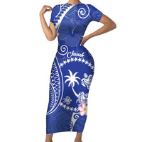 FSM Chuuk Constitution Day Short Sleeve Bodycon Dress Frangipani Flowers Polynesian Curves Style LT14 Long Dress Blue - Polynesian Pride