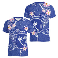 FSM Chuuk Constitution Day Women V-Neck T-Shirt Frangipani Flowers Polynesian Curves Style