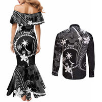 FSM Chuuk Couples Matching Mermaid Dress and Long Sleeve Button Shirt Turtle Tropical Flowers Polynesian - Black