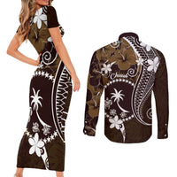 FSM Chuuk Couples Matching Short Sleeve Bodycon Dress and Long Sleeve Button Shirt Turtle Tropical Flowers Polynesian - Brown