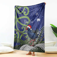 Personalized New Zealand Pukeko Christmas Blanket Meri Kirihimete Taniko Ponga Koru Blue - Polynesian Pride