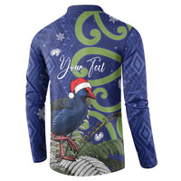 Personalized New Zealand Pukeko Christmas Button Sweatshirt Meri Kirihimete Taniko Ponga Koru Blue - Polynesian Pride