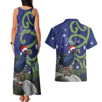Personalized New Zealand Pukeko Christmas Couples Matching Tank Maxi Dress and Hawaiian Shirt Meri Kirihimete Taniko Ponga Koru Blue - Polynesian Pride