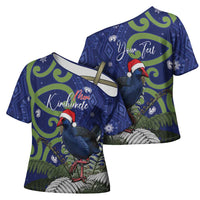 Personalized New Zealand Pukeko Christmas Cross Shoulder Shirt Meri Kirihimete Taniko Ponga Koru Blue - Polynesian Pride