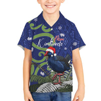 Personalized New Zealand Pukeko Christmas Family Matching Off Shoulder Short Dress and Hawaiian Shirt Meri Kirihimete Taniko Ponga Koru Blue - Polynesian Pride