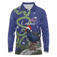 Personalized New Zealand Pukeko Christmas Long Sleeve Polo Shirt Meri Kirihimete Taniko Ponga Koru Blue - Polynesian Pride