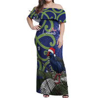 Personalized New Zealand Pukeko Christmas Off Shoulder Maxi Dress Meri Kirihimete Taniko Ponga Koru Blue - Polynesian Pride