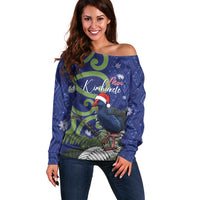 Personalized New Zealand Pukeko Christmas Off Shoulder Sweater Meri Kirihimete Taniko Ponga Koru Blue - Polynesian Pride