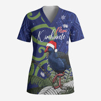 Personalized New Zealand Pukeko Christmas Scrub Top Meri Kirihimete Taniko Ponga Koru Blue - Polynesian Pride