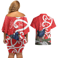 Personalized New Zealand Pukeko Christmas Couples Matching Off Shoulder Short Dress and Hawaiian Shirt Meri Kirihimete Taniko Ponga Koru Red - Polynesian Pride