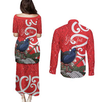 Personalized New Zealand Pukeko Christmas Couples Matching Puletasi and Long Sleeve Button Shirt Meri Kirihimete Taniko Ponga Koru Red - Polynesian Pride