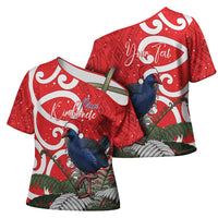 Personalized New Zealand Pukeko Christmas Cross Shoulder Shirt Meri Kirihimete Taniko Ponga Koru Red - Polynesian Pride