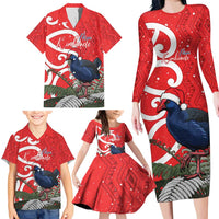 Personalized New Zealand Pukeko Christmas Family Matching Long Sleeve Bodycon Dress and Hawaiian Shirt Meri Kirihimete Taniko Ponga Koru Red - Polynesian Pride