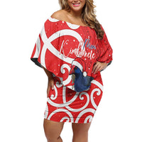 Personalized New Zealand Pukeko Christmas Family Matching Off Shoulder Short Dress and Hawaiian Shirt Meri Kirihimete Taniko Ponga Koru Red - Polynesian Pride