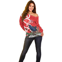 Personalized New Zealand Pukeko Christmas Off Shoulder Sweater Meri Kirihimete Taniko Ponga Koru Red - Polynesian Pride
