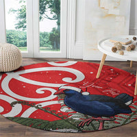 Personalized New Zealand Pukeko Christmas Round Carpet Meri Kirihimete Taniko Ponga Koru Red - Polynesian Pride