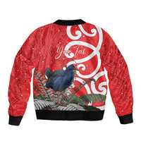 Personalized New Zealand Pukeko Christmas Sleeve Zip Bomber Jacket Meri Kirihimete Taniko Ponga Koru Red - Polynesian Pride