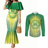 Cook Islands 682 Couples Matching Mermaid Dress and Long Sleeve Button Shirt Kuki 'Airani Area Code Proud LT14 Green - Polynesian Pride