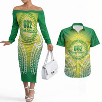 Cook Islands 682 Couples Matching Off The Shoulder Long Sleeve Dress and Hawaiian Shirt Kuki 'Airani Area Code Proud LT14 Green - Polynesian Pride