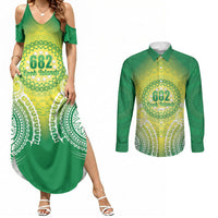 Cook Islands 682 Couples Matching Summer Maxi Dress and Long Sleeve Button Shirt Kuki 'Airani Area Code Proud LT14 Green - Polynesian Pride