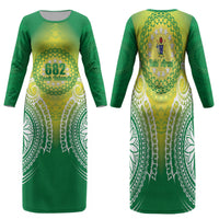 Cook Islands 682 Family Matching Long Sleeve Bodycon Dress and Hawaiian Shirt Kuki 'Airani Area Code Proud LT14 Mom's Dress Green - Polynesian Pride