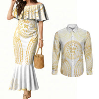 Cook Islands Gospel Day Couples Matching Mermaid Dress and Long Sleeve Button Shirt Happy Nuku Day Tiare Maori Gold LT14 Gold - Polynesian Pride