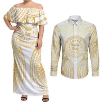 Cook Islands Gospel Day Couples Matching Off Shoulder Maxi Dress and Long Sleeve Button Shirt Happy Nuku Day Tiare Maori Gold LT14 Gold - Polynesian Pride