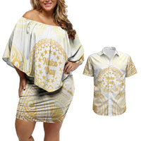 Cook Islands Gospel Day Couples Matching Off Shoulder Short Dress and Hawaiian Shirt Happy Nuku Day Tiare Maori Gold LT14 Gold - Polynesian Pride