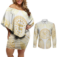Cook Islands Gospel Day Couples Matching Off Shoulder Short Dress and Long Sleeve Button Shirt Happy Nuku Day Tiare Maori Gold LT14 Gold - Polynesian Pride