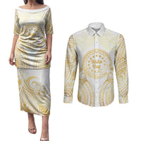 Cook Islands Gospel Day Couples Matching Puletasi and Long Sleeve Button Shirt Happy Nuku Day Tiare Maori Gold LT14 Gold - Polynesian Pride
