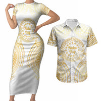 Cook Islands Gospel Day Couples Matching Short Sleeve Bodycon Dress and Hawaiian Shirt Happy Nuku Day Tiare Maori Gold LT14 Gold - Polynesian Pride