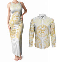 Cook Islands Gospel Day Couples Matching Tank Maxi Dress and Long Sleeve Button Shirt Happy Nuku Day Tiare Maori Gold LT14 Gold - Polynesian Pride
