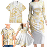 Cook Islands Gospel Day Family Matching Long Sleeve Bodycon Dress and Hawaiian Shirt Happy Nuku Day Tiare Maori Gold LT14 - Polynesian Pride