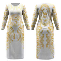 Cook Islands Gospel Day Family Matching Long Sleeve Bodycon Dress and Hawaiian Shirt Happy Nuku Day Tiare Maori Gold LT14 Mom's Dress Gold - Polynesian Pride