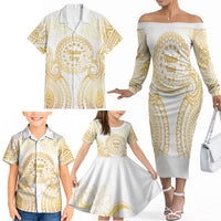 Cook Islands Gospel Day Family Matching Off The Shoulder Long Sleeve Dress and Hawaiian Shirt Happy Nuku Day Tiare Maori Gold LT14 - Polynesian Pride