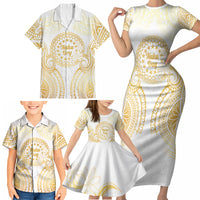 Cook Islands Gospel Day Family Matching Short Sleeve Bodycon Dress and Hawaiian Shirt Happy Nuku Day Tiare Maori Gold LT14 - Polynesian Pride