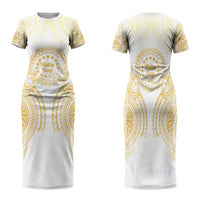 Cook Islands Gospel Day Family Matching Short Sleeve Bodycon Dress and Hawaiian Shirt Happy Nuku Day Tiare Maori Gold LT14 Mom's Dress Gold - Polynesian Pride