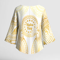 Cook Islands Gospel Day Kimono Sleeve Blouse Happy Nuku Day Tiare Maori Gold LT14 - Polynesian Pride