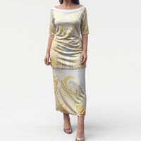Cook Islands Gospel Day Puletasi Happy Nuku Day Tiare Maori Gold LT14 Long Dress Gold - Polynesian Pride