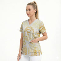 Cook Islands Gospel Day Scrub Top Happy Nuku Day Tiare Maori Gold LT14 - Polynesian Pride