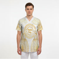 Cook Islands Gospel Day Scrub Top Happy Nuku Day Tiare Maori Gold LT14 - Polynesian Pride