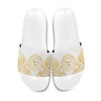 Cook Islands Gospel Day Slide Sandals Happy Nuku Day Tiare Maori Gold LT14 Gold - Polynesian Pride