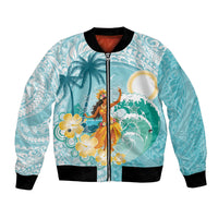 Ura Cook Islands Bomber Jacket Kuki 'Airani Traditional Dance Tropical Vibes LT14 Unisex Cyan - Polynesian Pride