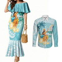 Ura Cook Islands Couples Matching Mermaid Dress and Long Sleeve Button Shirt Kuki 'Airani Traditional Dance Tropical Vibes LT14 Cyan - Polynesian Pride