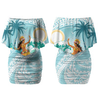 Ura Cook Islands Family Matching Off Shoulder Short Dress and Hawaiian Shirt Kuki 'Airani Traditional Dance Tropical Vibes LT14 Mom's Dress Cyan - Polynesian Pride
