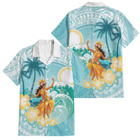 Ura Cook Islands Family Matching Off Shoulder Short Dress and Hawaiian Shirt Kuki 'Airani Traditional Dance Tropical Vibes LT14 Dad's Shirt - Short Sleeve Cyan - Polynesian Pride