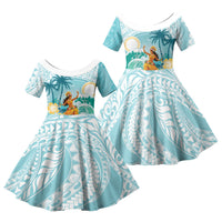 Ura Cook Islands Family Matching Off Shoulder Short Dress and Hawaiian Shirt Kuki 'Airani Traditional Dance Tropical Vibes LT14 Daughter's Dress Cyan - Polynesian Pride